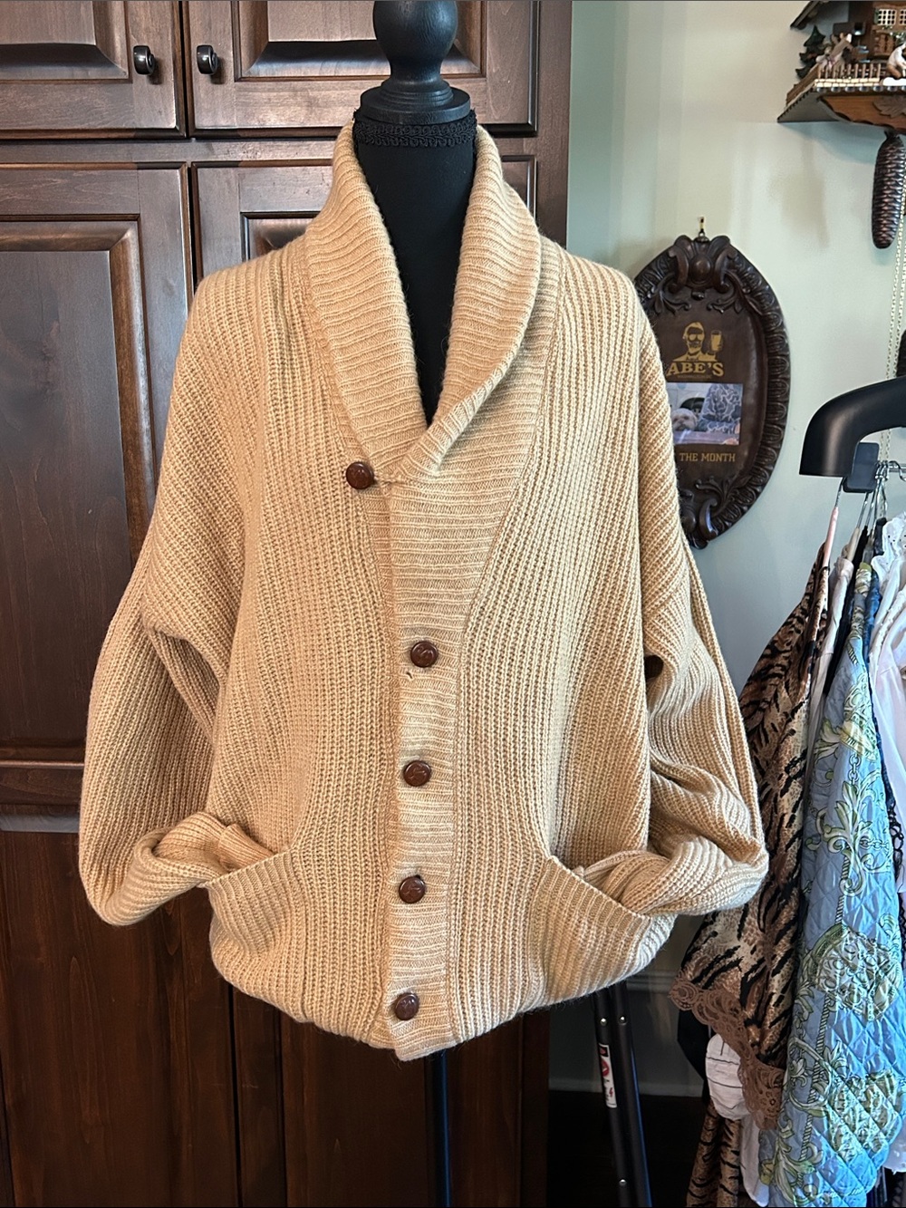 Lord Jeff Sz L Virgin Wool Shawl Collar Camel Knit Cardigan Sweater Elbow Patch